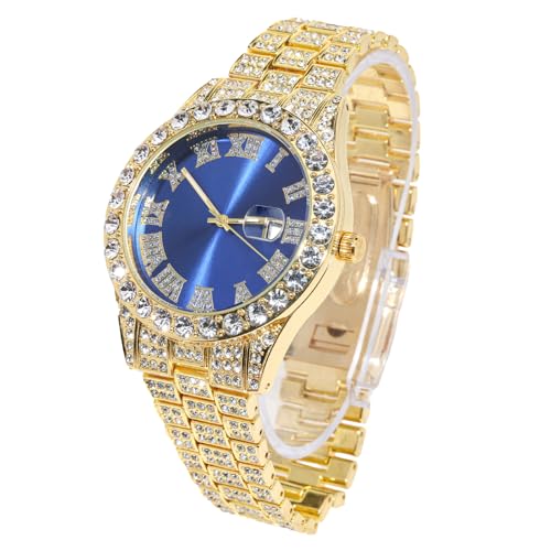 Halukakah Diamonds Gold Watch Iced Out,Men's 18K Real Gold Plated 42MM Width Blue Dial Quartz Wristband 9.5",Free Giftbox - Image 1