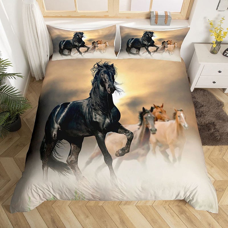 Erosebridal 3Pcs Horse Bedding Set Full Size Bedding Duvet Cover Horse Printed Quilt Cover 3D Animal Printed Quilt Cover for Adult Teens Kids Comforter Cover Soft Lightweight Duvet Cover Set 