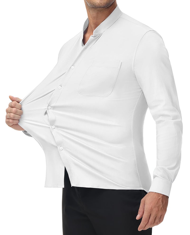 DEMEANOR Men's Collarless Dress Shirt Mandarin Collar Long Sleeve Button Down Shirts Formal Tops with Pocket All White L - Image 2