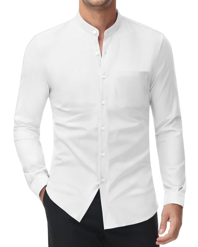 DEMEANOR Men's Collarless Dress Shirt Mandarin Collar Long Sleeve Button Down Shirts Formal Tops with Pocket All White L - Image 1
