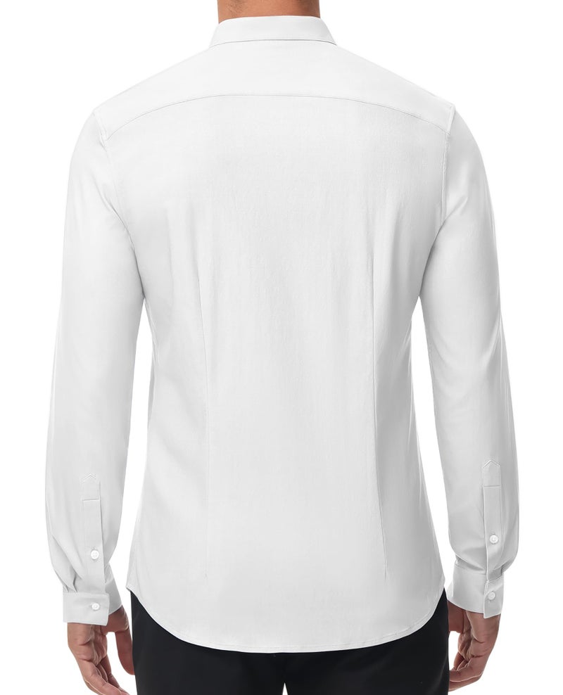 DEMEANOR Men's Collarless Dress Shirt Mandarin Collar Long Sleeve Button Down Shirts Formal Tops with Pocket All White L - Image 4