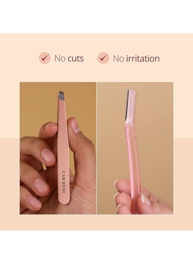 CARMESI Carmesi Face Razor (Pack of 3) and Tweezer (Pack of 1) Combo | Eyebrows, Upper Lip, Chin, Peach Fuzz | No Cuts or Irritation | Travel-Friendly | Stainless Steel Blades  - Image 4