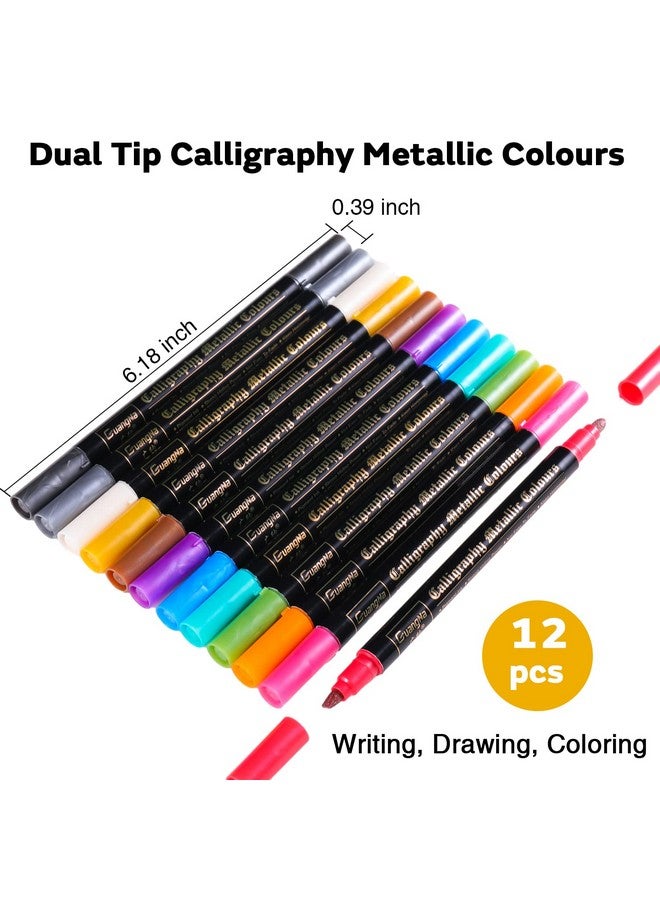 Sunshilor Metallic Markers Calligraphy Metallic Marker Pens Dual Tip Chisel And Medium Point Pens For Black Paper, Rock Painting, Easter Egg, Halloween Pumpkin, Card Making, Metal, Ceramic, Wine Glass - Image 2