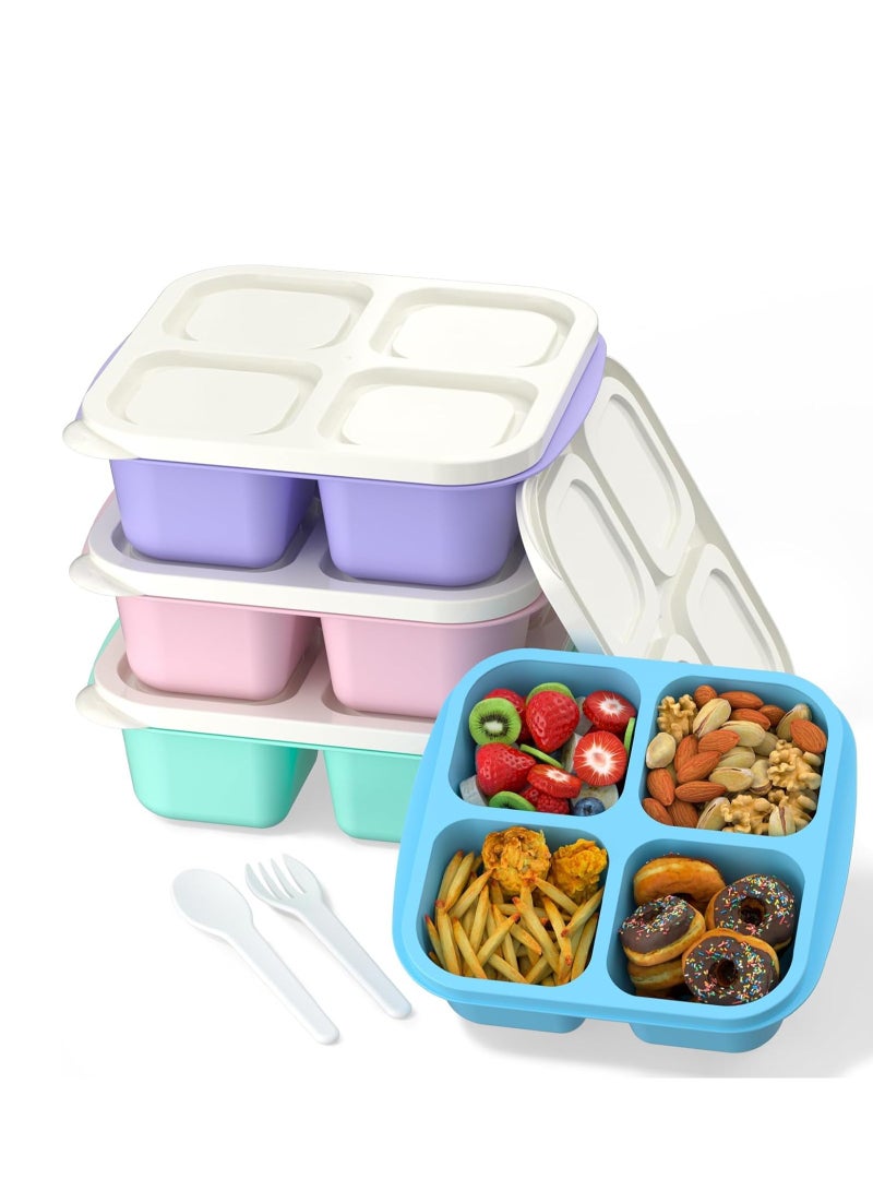 SYOSI 4 Pcs Bento Box, 4-Compartments Bento Lunch Box with Lid, Reusable BPA-Free Bento Box for School, Work and Travel, Snack Storage Box with 10 Small Fork, a Pair of Fork and Spoon - Image 1