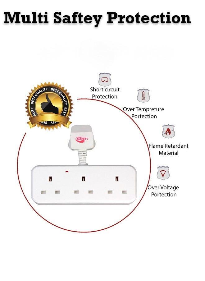 SAFETY 3-Way Power Adapter, Multi-plug power extension socket adapter, Universal UK wall 3 socket extender outlet, UK 3-pin electric power socker for home, office, kitchen. (White)  - Image 3