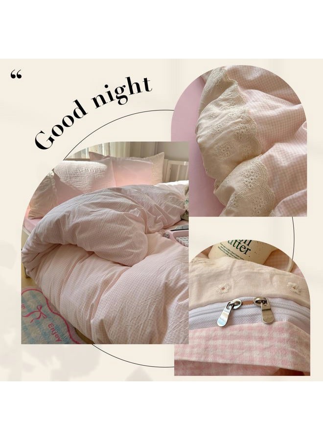 LifeTB Pink Gingham Duvet Cover Full Size 3 Pieces Romantic Lace Duvet Cover Pink Plaid Checkered Comforter Cover with 2 Pillowcases Soft Breathable Microfiber Grid Farmhouse Plaid Bedding Set - Image 5