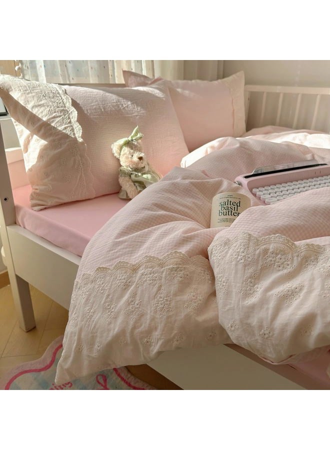 LifeTB Pink Gingham Duvet Cover Full Size 3 Pieces Romantic Lace Duvet Cover Pink Plaid Checkered Comforter Cover with 2 Pillowcases Soft Breathable Microfiber Grid Farmhouse Plaid Bedding Set - Image 1