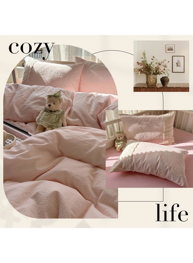 LifeTB Pink Gingham Duvet Cover Full Size 3 Pieces Romantic Lace Duvet Cover Pink Plaid Checkered Comforter Cover with 2 Pillowcases Soft Breathable Microfiber Grid Farmhouse Plaid Bedding Set - Image 4