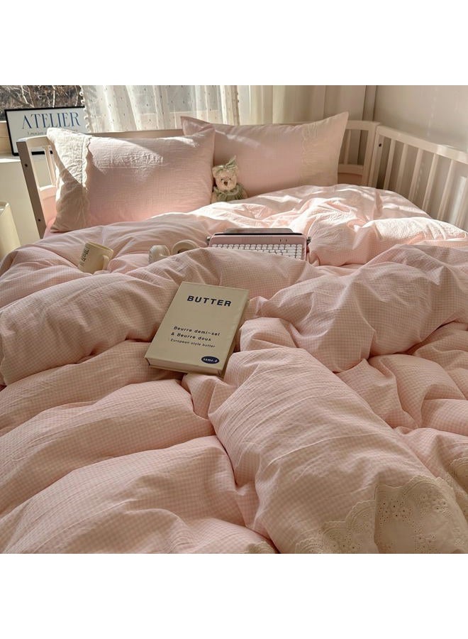 LifeTB Pink Gingham Duvet Cover Full Size 3 Pieces Romantic Lace Duvet Cover Pink Plaid Checkered Comforter Cover with 2 Pillowcases Soft Breathable Microfiber Grid Farmhouse Plaid Bedding Set - Image 2