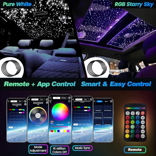 VASTFIRE Split Starlight Headliner Kit - 400pcs 0.02in 4.9ft Fiber Optic RGBW Star Lights for Car with 2 Light Heads 16W Engine Easy to Hide,Flexible Wiring,APP/Remote Control for Car Roof Ceiling - Image 4