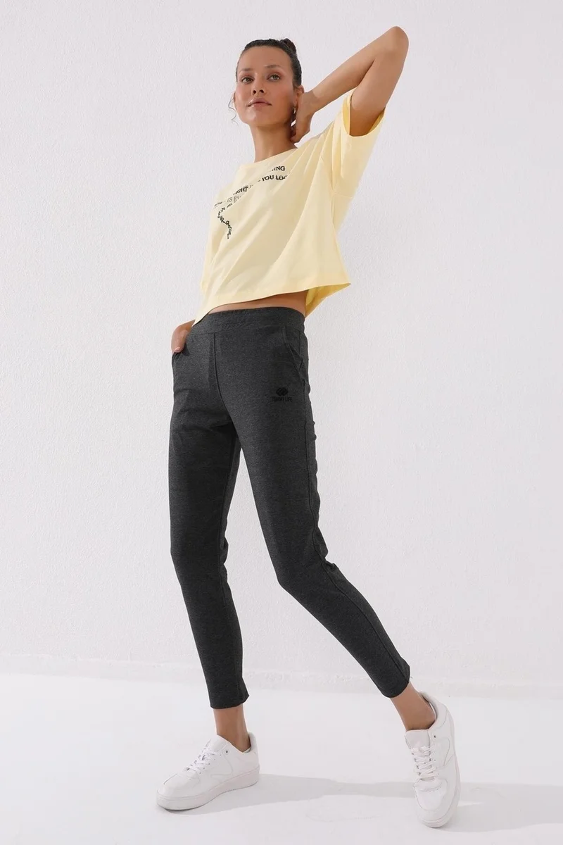 تومي لايف Anthracite Melange Women's Zippered Leg Pocket Standard Pattern Tracksuit Bottom-94246