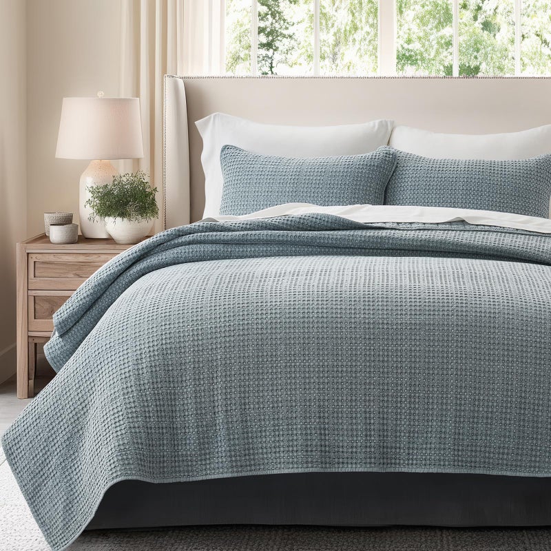 EverGrace Stonewashed 100% Natural Cotton Waffle Quilt Set King Size 3 Pieces, Soft, Breathable & Substantial Bedding, Quilted Coverlet Bedspread with 2 Shams for All Seasons, Blue Linen - Image 1