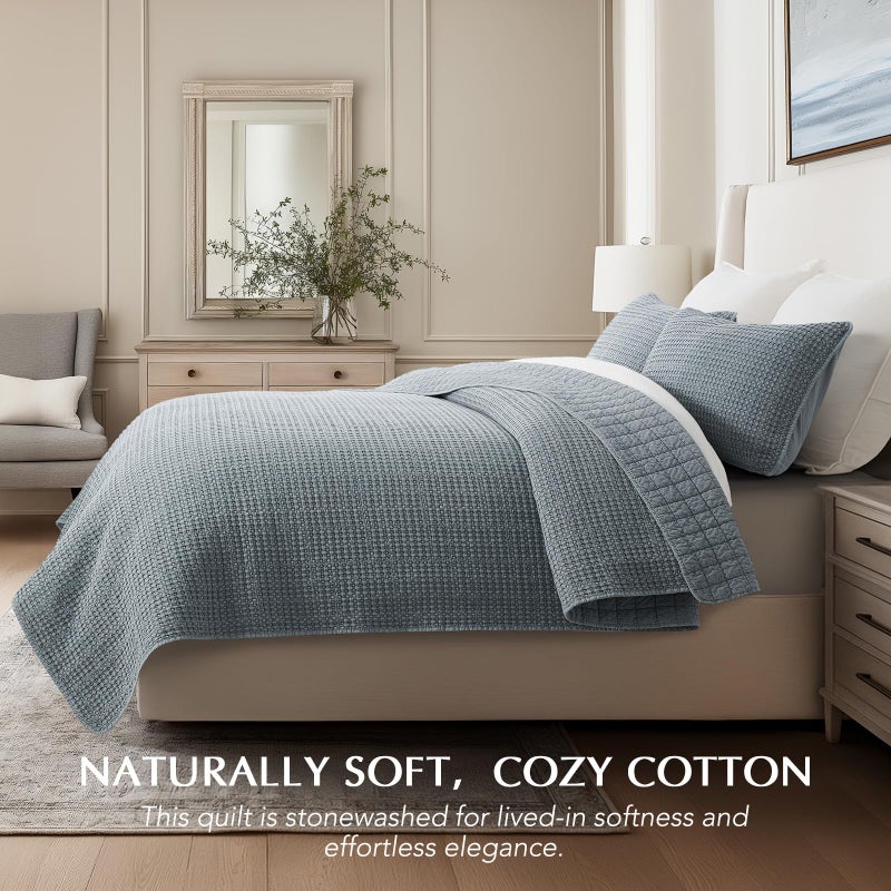 EverGrace Stonewashed 100% Natural Cotton Waffle Quilt Set King Size 3 Pieces, Soft, Breathable & Substantial Bedding, Quilted Coverlet Bedspread with 2 Shams for All Seasons, Blue Linen - Image 4