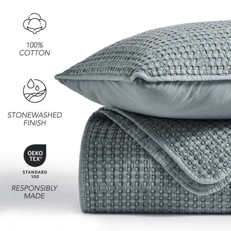 EverGrace Stonewashed 100% Natural Cotton Waffle Quilt Set King Size 3 Pieces, Soft, Breathable & Substantial Bedding, Quilted Coverlet Bedspread with 2 Shams for All Seasons, Blue Linen - Image 3