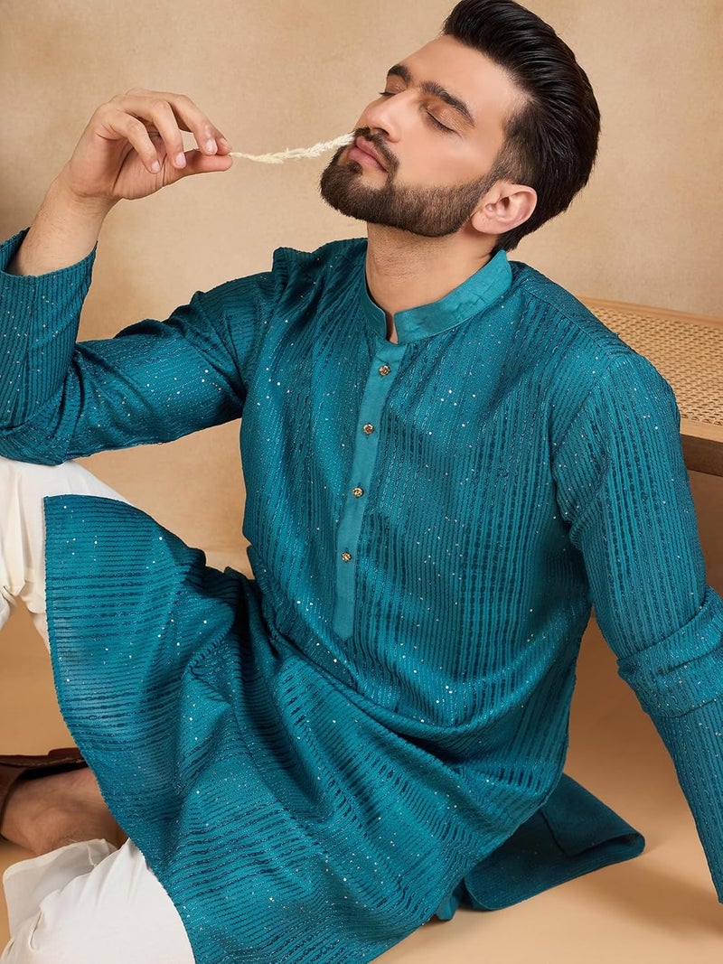 SWAGG INDIA كُرتا تقليدي عادي من الكتان مزخرف للرجال - Image 5