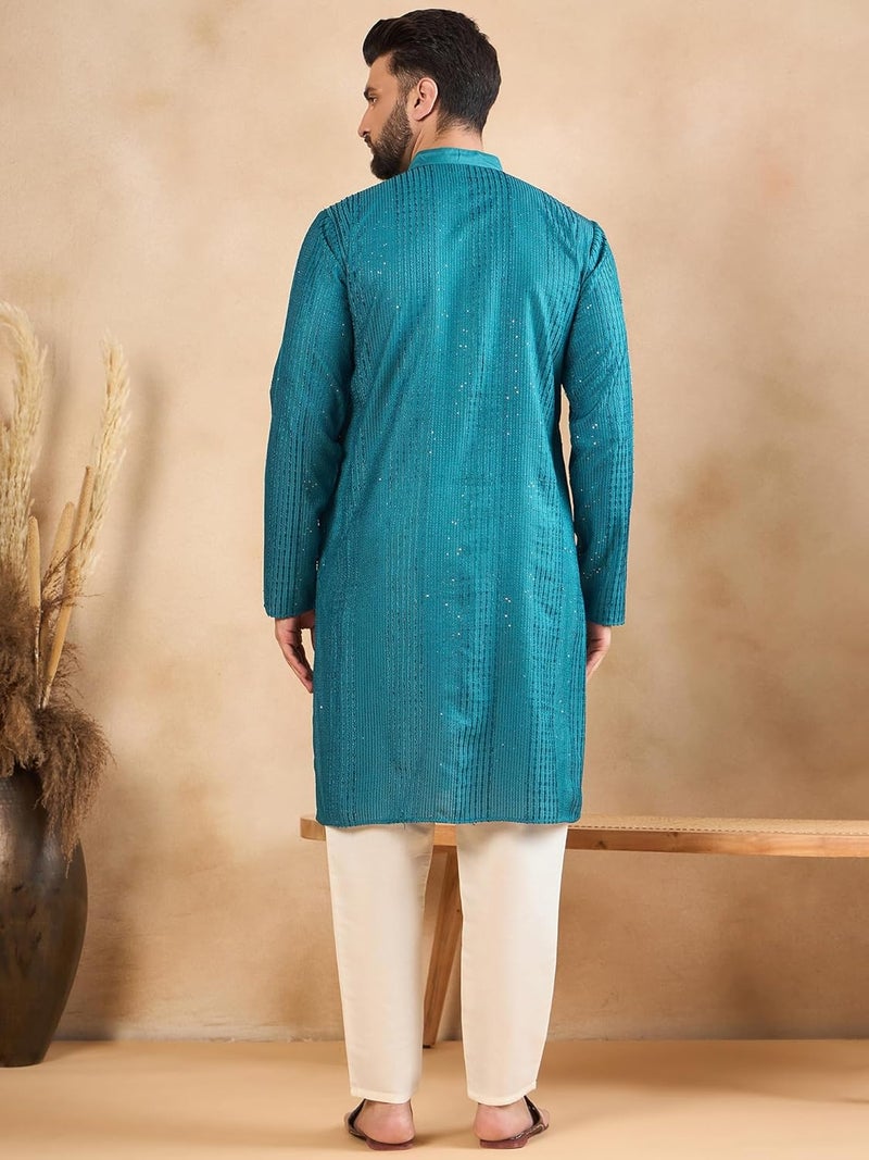 SWAGG INDIA كُرتا تقليدي عادي من الكتان مزخرف للرجال - Image 4