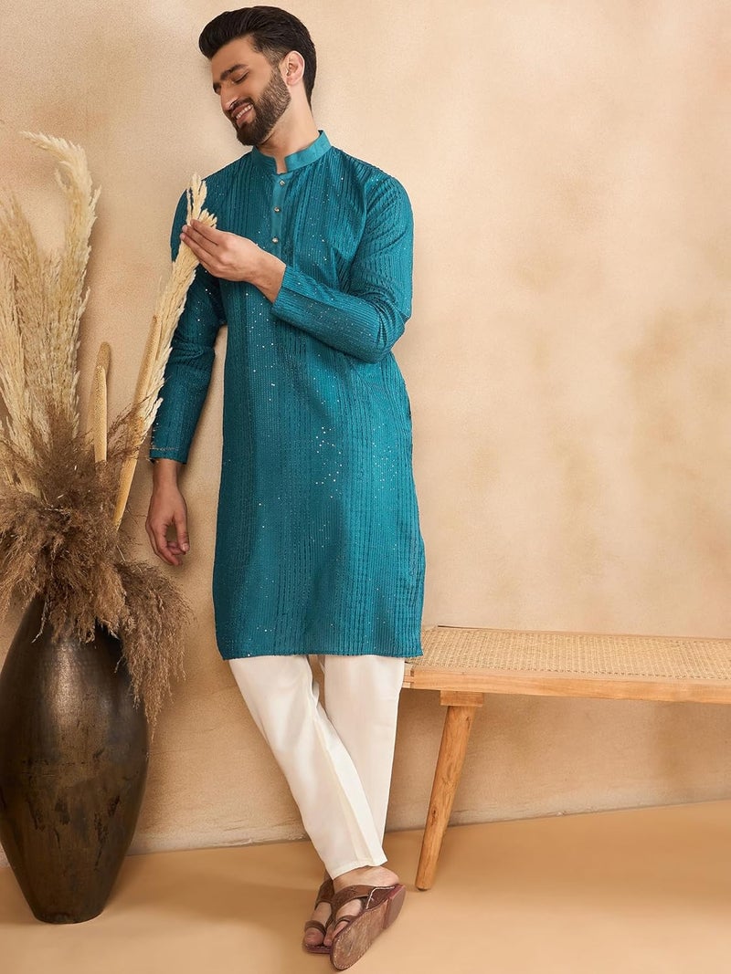 SWAGG INDIA كُرتا تقليدي عادي من الكتان مزخرف للرجال - Image 2
