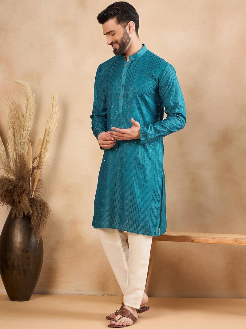 SWAGG INDIA كُرتا تقليدي عادي من الكتان مزخرف للرجال - Image 3