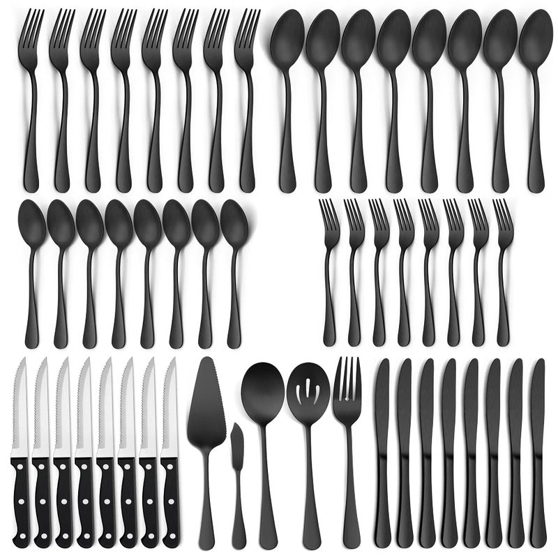 LIANYU 77Piece Matte Black Silverware Set with Steak Knives and Serving Utensils Modern Stainless Steel Flatware Cutlery Set for 12 Fancy Eating Utensils Tableware Dishwasher Safe