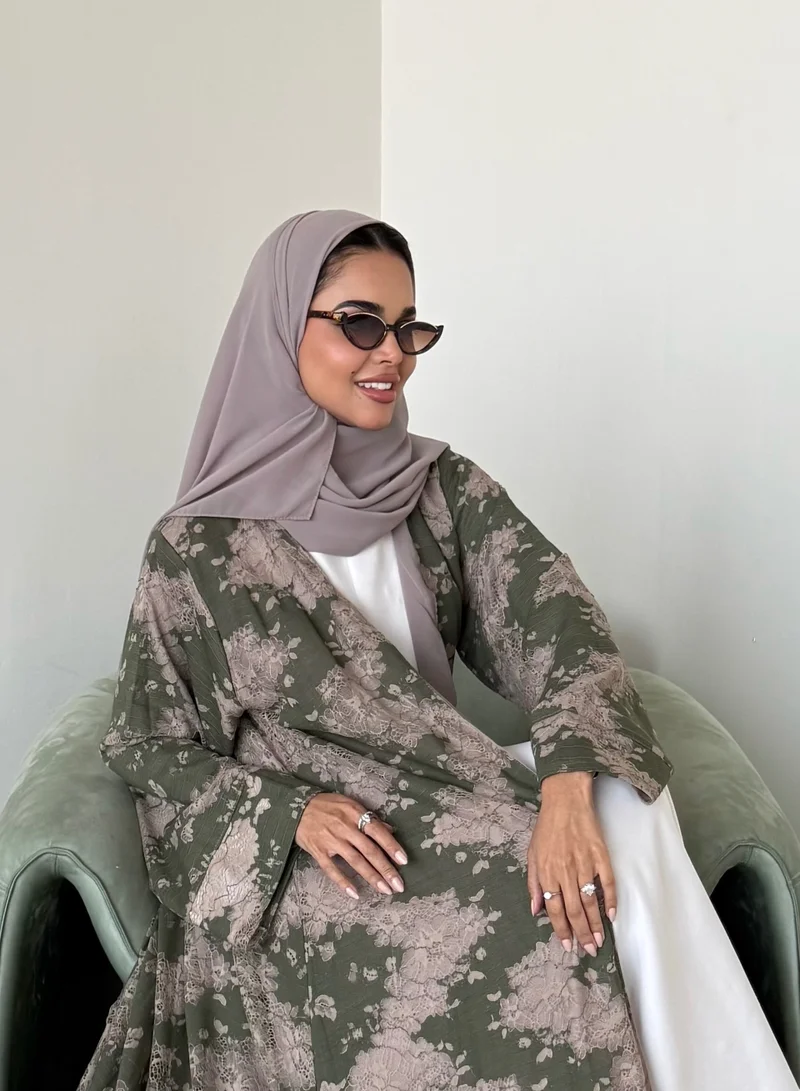 Lusin Abaya Olive Linen Abaya with Taupe Lace Detail & Veil