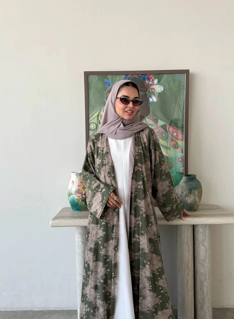 Lusin Abaya Olive Linen Abaya with Taupe Lace Detail & Veil