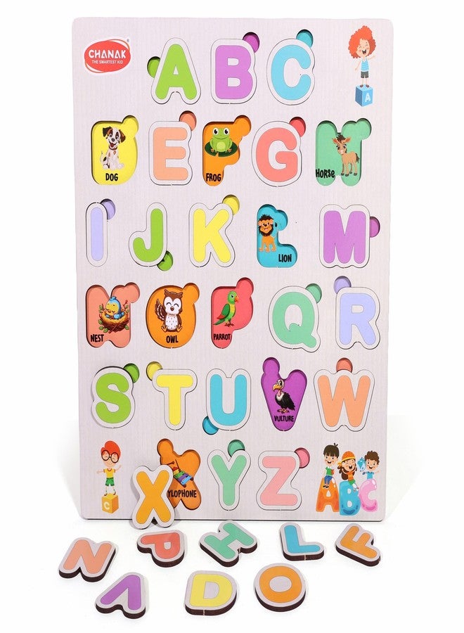 Chanak Wooden Alphabet Puzzle with Picture Educational Alphabet Board for Kids Educational Montessori Learning Puzzle for Toddlers & Preschoolers, Nursery and Kindergarten Age Above 2+ Years - Image 1