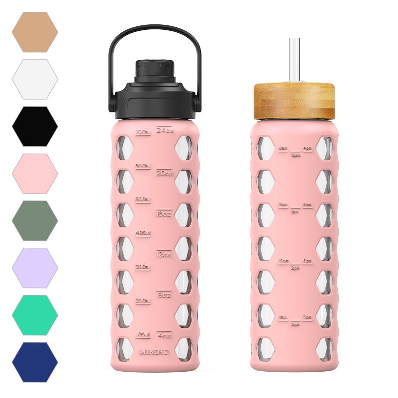 MUKOKO 24oz Glass Water Bottle with 2 LidsHandle Flip LidBamboo Straw LidMotivational Water Tumbler with Time Marker Reminder and Silicone Sleeve LeakproofPink