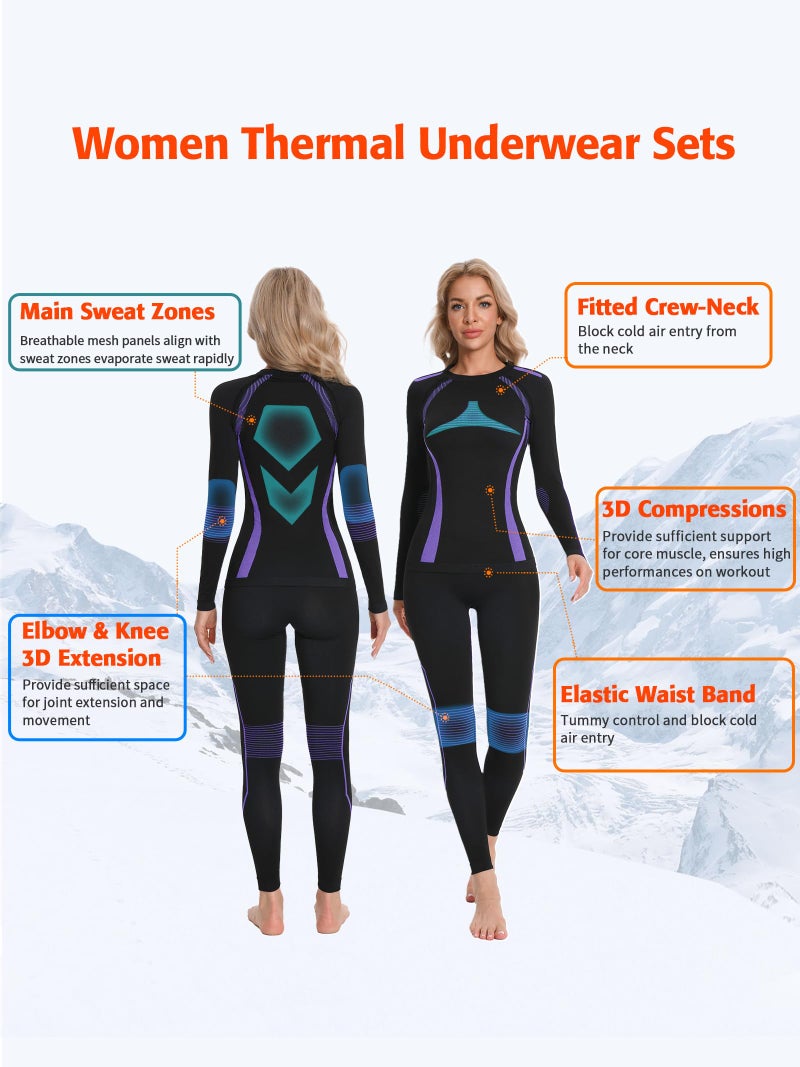 ATTRACO Women's Thermal Underwear Set Black Long Underwear Purple Thermal Base Layer for Skiing S - Image 2