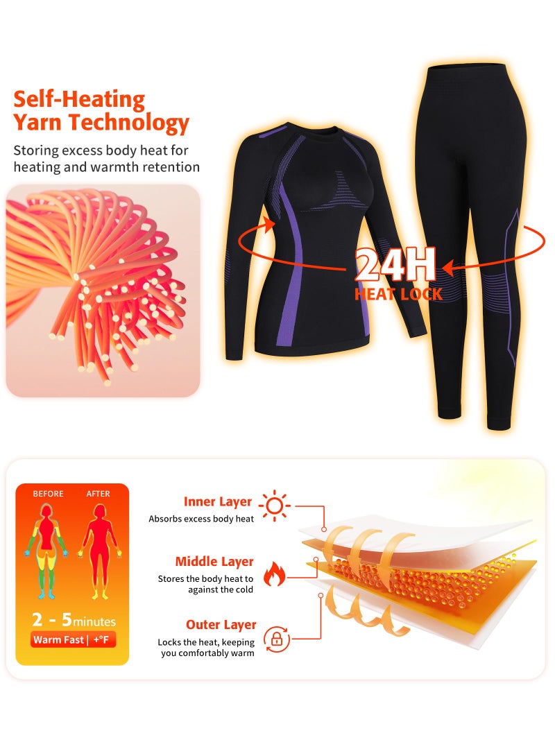 ATTRACO Women's Thermal Underwear Set Black Long Underwear Purple Thermal Base Layer for Skiing S - Image 3