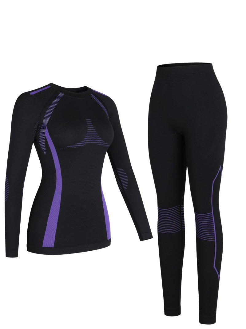 ATTRACO Women's Thermal Underwear Set Black Long Underwear Purple Thermal Base Layer for Skiing S - Image 1