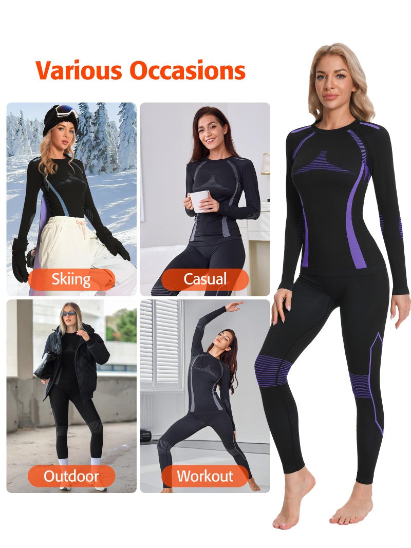 ATTRACO Women's Thermal Underwear Set Black Long Underwear Purple Thermal Base Layer for Skiing S - Image 5
