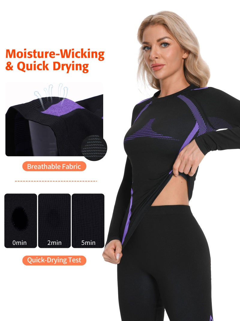 ATTRACO Women's Thermal Underwear Set Black Long Underwear Purple Thermal Base Layer for Skiing S - Image 4
