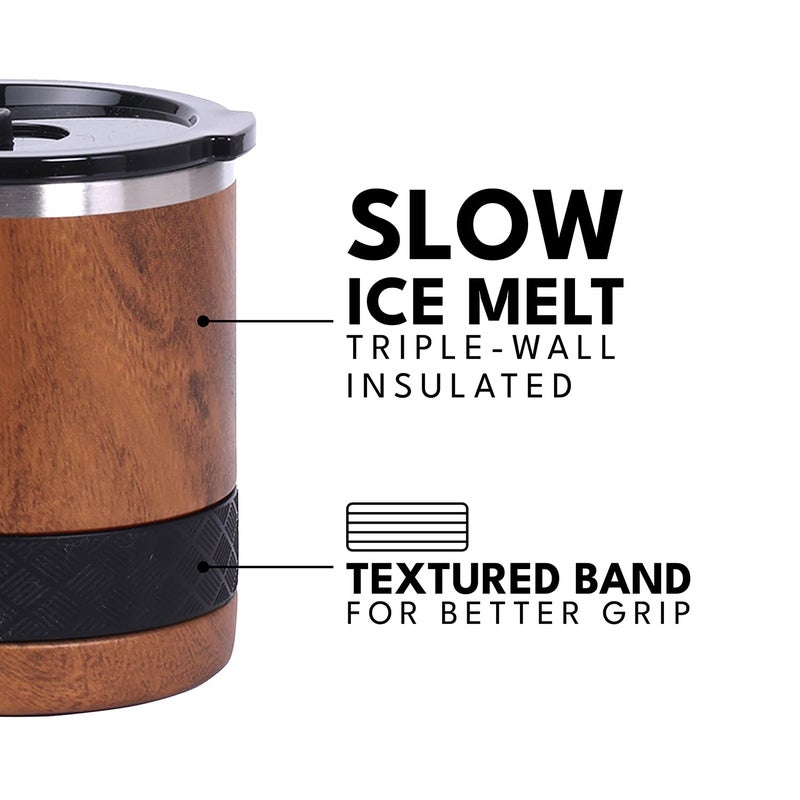 Elemental Recess Lowball Tumbler, 10oz Triple Wall Stainless Steel Cup with Non-Shattered Tritan Lid, Insulated Whiskey Glass, Insulated Coffee Tumbler Mug for Hot & Cold Drinks - Teak Wood - Image 5