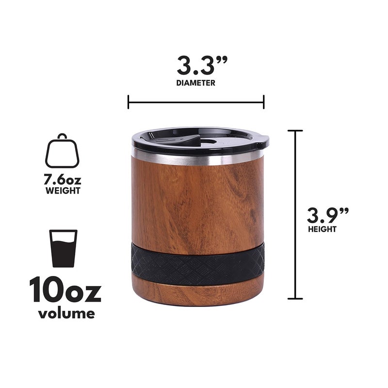 Elemental Recess Lowball Tumbler, 10oz Triple Wall Stainless Steel Cup with Non-Shattered Tritan Lid, Insulated Whiskey Glass, Insulated Coffee Tumbler Mug for Hot & Cold Drinks - Teak Wood - Image 4