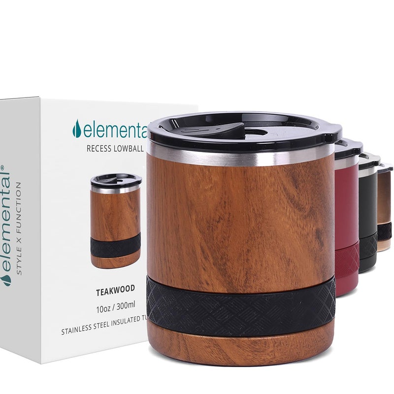 Elemental Recess Lowball Tumbler, 10oz Triple Wall Stainless Steel Cup with Non-Shattered Tritan Lid, Insulated Whiskey Glass, Insulated Coffee Tumbler Mug for Hot & Cold Drinks - Teak Wood - Image 1