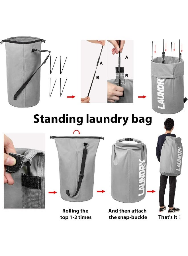 WOWLIVE Extra Large Foldable Laundry Bag Laundry Basket Collapsible Laundry Hamper Backpack Liner Dirty Clothes Hamper Standing Waterproof Hampers for Dorm Room (Gray) - Image 3