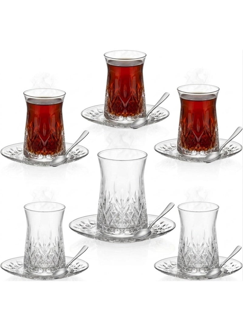 DubaiCrystal 18 pieces Turkish Tea Glasses and Saucers with spoons, Tea Cup & Saucer Set of Turkish Tea Cup Set, 6 Cups,6 Plates & 6 spoons Perfect for Tea Party, Gifts, Weddings, Aniversary (Royalti ART) - Image 1