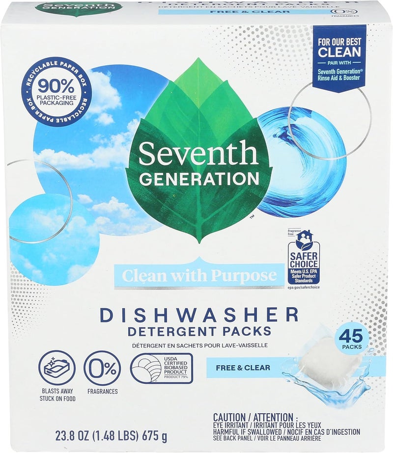 Seventh Generation Dishwasher Detergent Packs, Blasts Away Stuck-On Food, Free & Clear, 45 Packs - Image 1