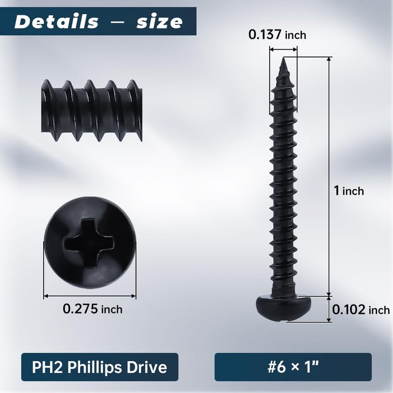 Glvaner #6 x 1 inch Phillips Pan Head Self Tapping Screws for Wood, Black Coated, 304 Stainless Steel 18-8, Round Head Sheet Metal Tek Screws, 100 pcs - Image 3