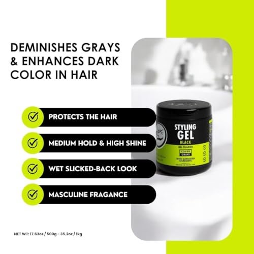 Rolda Black Styling Hair Gel - Medium To Strong Hold With Medium Shine For a Wet Slicked Back Look With All Day Hold - Activated Black Charcoal Covers Grey Hair Instantly 17.6oz (2PK) - Image 3