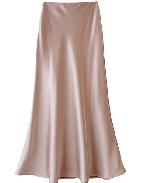 High Waist Slimming Mid-Length Satin Acetic Acid Silk Skirt Spring and Summer 2024 New Hip Fishtail A- Line Long Skirt Nude powder