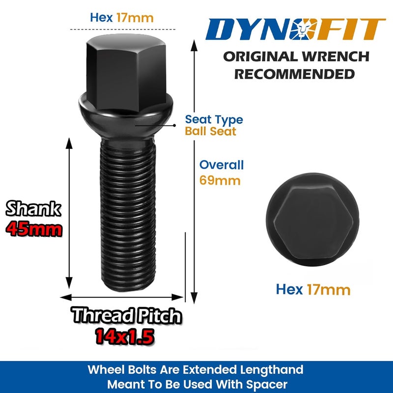 dynofit Store 14x1.5 Lug Bolts for 20 mm Wheel Spacers, Compatible with Audi A3 A4 A8 S6 S7 S8,20pcs 45mm Shank Ball Seat Aftermarket Extended Wheel Studs, Fit A1 A2 S1 S2 S3 S4 S5 CC Golf Jetta Lavid Se - Image 2