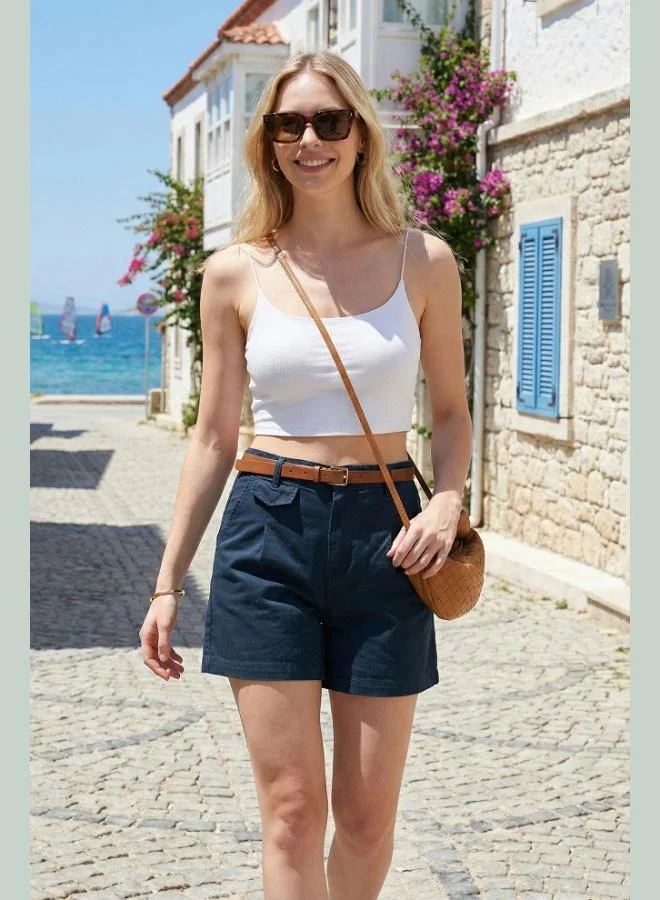 ليلا Lela Belt Detail Relaxed Fit High Waist Cotton Shorts Women's Shorts 668YP5448