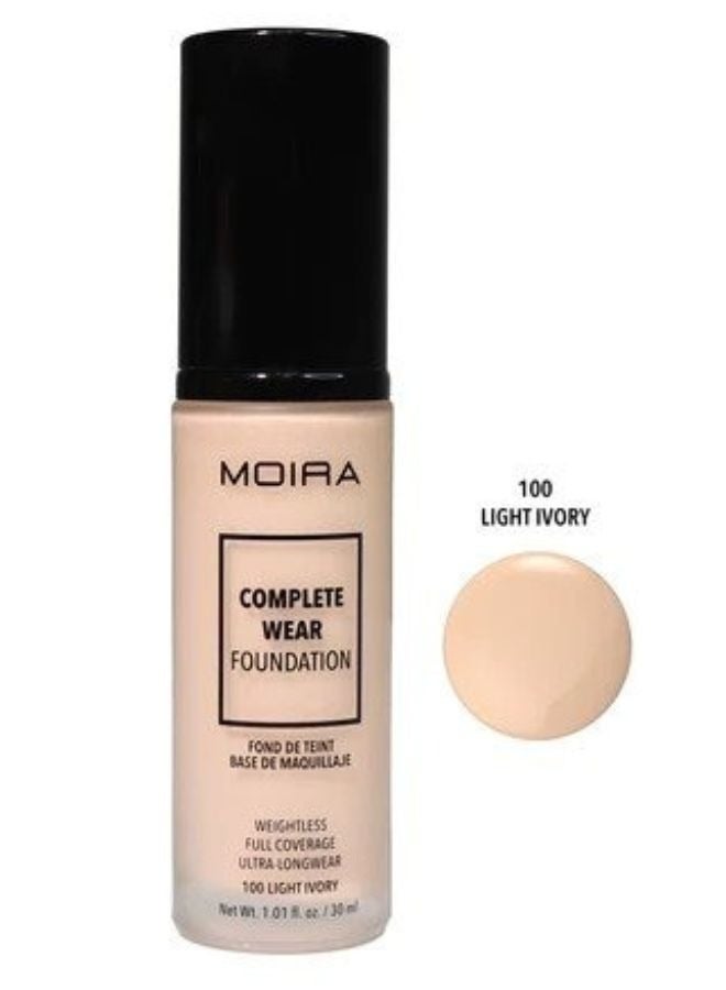 moira MOIRA Complete Wear Foundation – Shade 100 Light Ivory, Full Coverage, Long-Lasting Matte Finish, Lightweight & Waterproof Formula 30ml  - Image 1