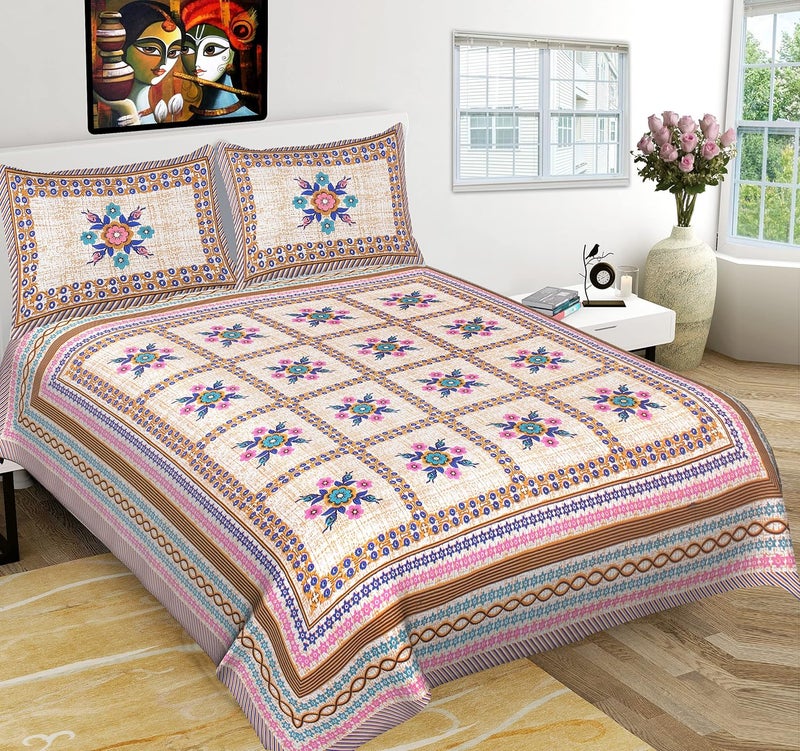 EarlyMart 100 Cotton Comfort 180 TC Rajasthani Jaipuri Traditional King Size Double Bed Bedsheet with 2 Pillow Covers Jaipuri_017 - Image 1
