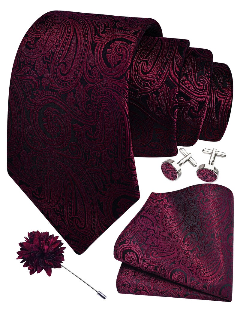 GUSLESON Maroon Tie for Men Paisley Wedding Silk Necktie Pocket Square Cufflinks and Lapel Pin Brooch Set (IN6103-11) - Image 1