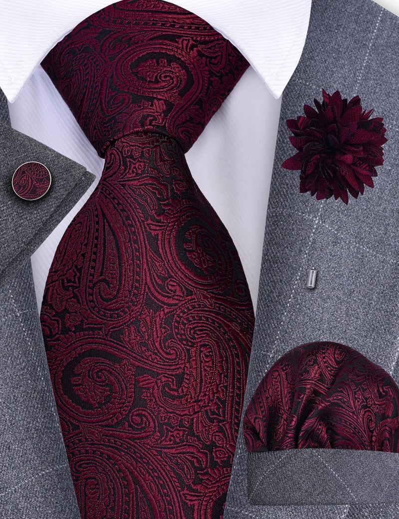 GUSLESON Maroon Tie for Men Paisley Wedding Silk Necktie Pocket Square Cufflinks and Lapel Pin Brooch Set (IN6103-11) - Image 2