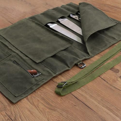 Hersent Large Chef’s Knife Roll Bag,Heavy Duty Waxed Canvas Knife Carrier,11 Pockets Kitchen Cooking Tools Storage Case, Easily Carried By Shoulder Strap ForProfessional Chefs,Culinary School Students - Image 2