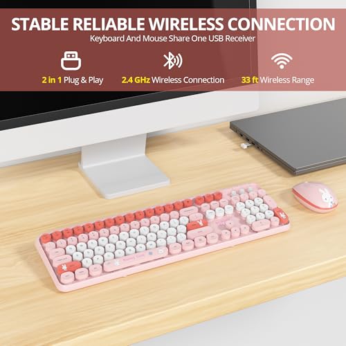 Owpkeenthy Cute Keyboard and Mouse Wireless, Colorful Keyboard Retro Typewriter Style Full-Sized with Number Pad Round Keys for Desktop, Laptop and Computerr (Bunny Pink) - Image 5