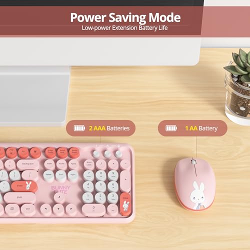 Owpkeenthy Cute Keyboard and Mouse Wireless, Colorful Keyboard Retro Typewriter Style Full-Sized with Number Pad Round Keys for Desktop, Laptop and Computerr (Bunny Pink) - Image 2